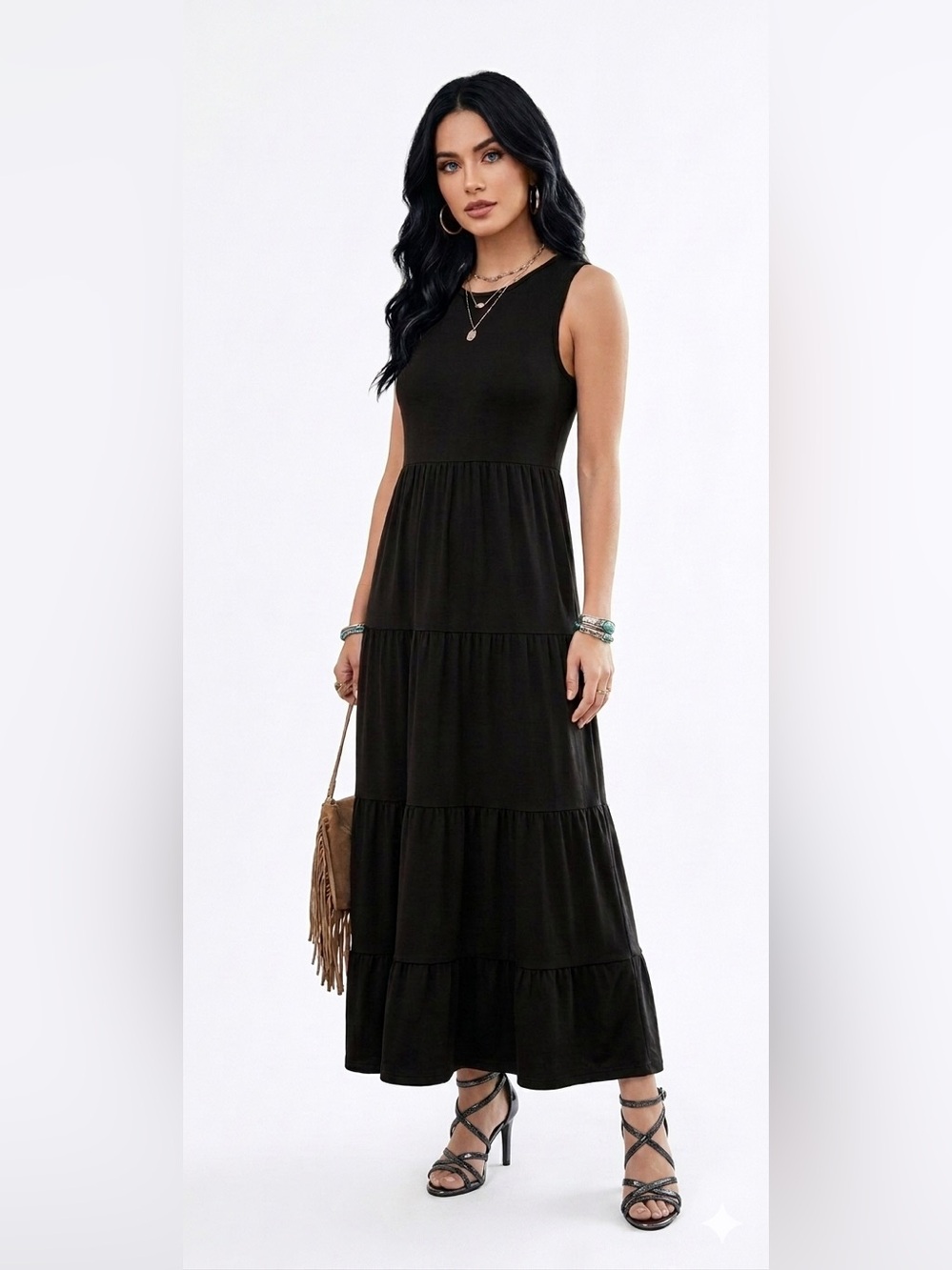 Loveappella Black Tiered Maxi Dress